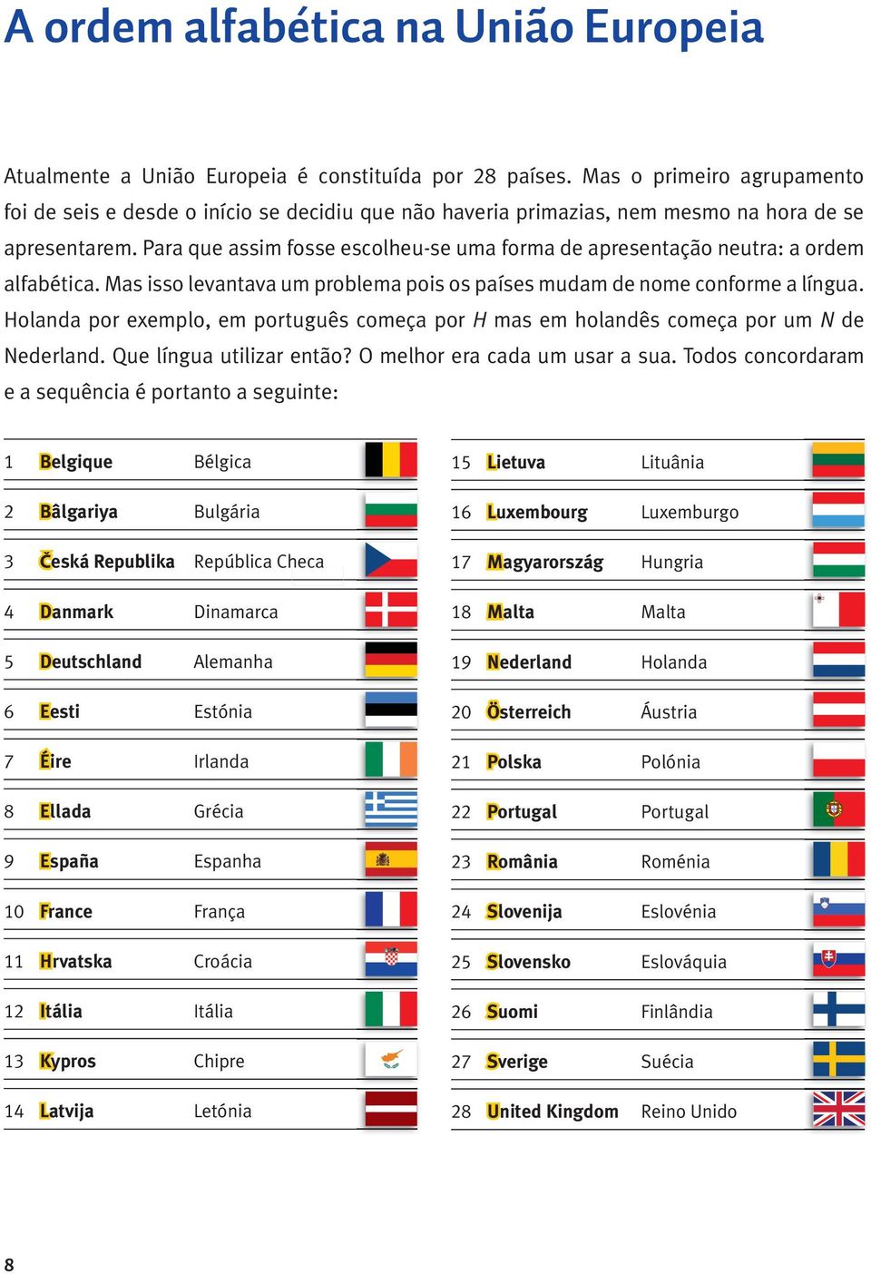 Para que assim fosse escolheu -se uma forma de apresentação neutra: a ordem alfabética. Mas isso levantava um problema pois os países mudam de nome conforme a língua.