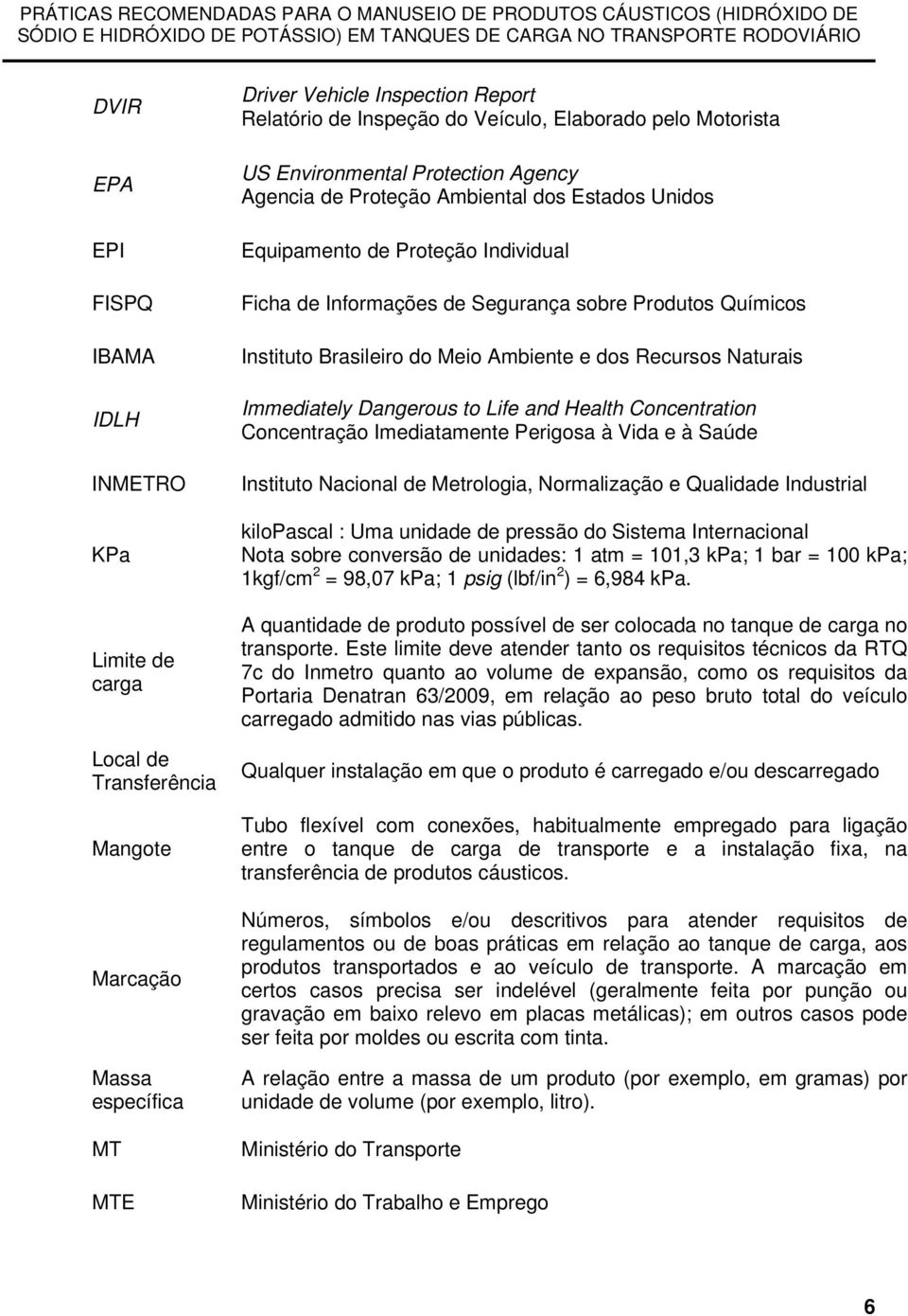 Instituto Brasileiro do Meio Ambiente e dos Recursos Naturais Immediately Dangerous to Life and Health Concentration Concentração Imediatamente Perigosa à Vida e à Saúde Instituto Nacional de