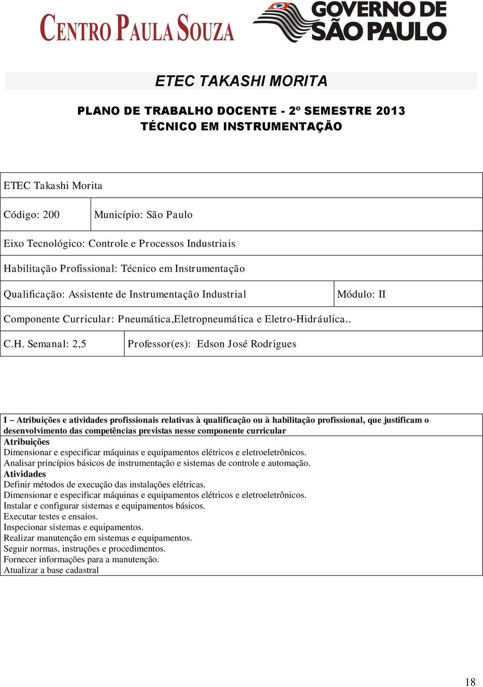 Semanal: 2,5 Professor(es): Edson José Rodrigues I Atribuições e atividades profissionais relativas à qualificação ou à habilitação profissional, que justificam o desenvolvimento das competências