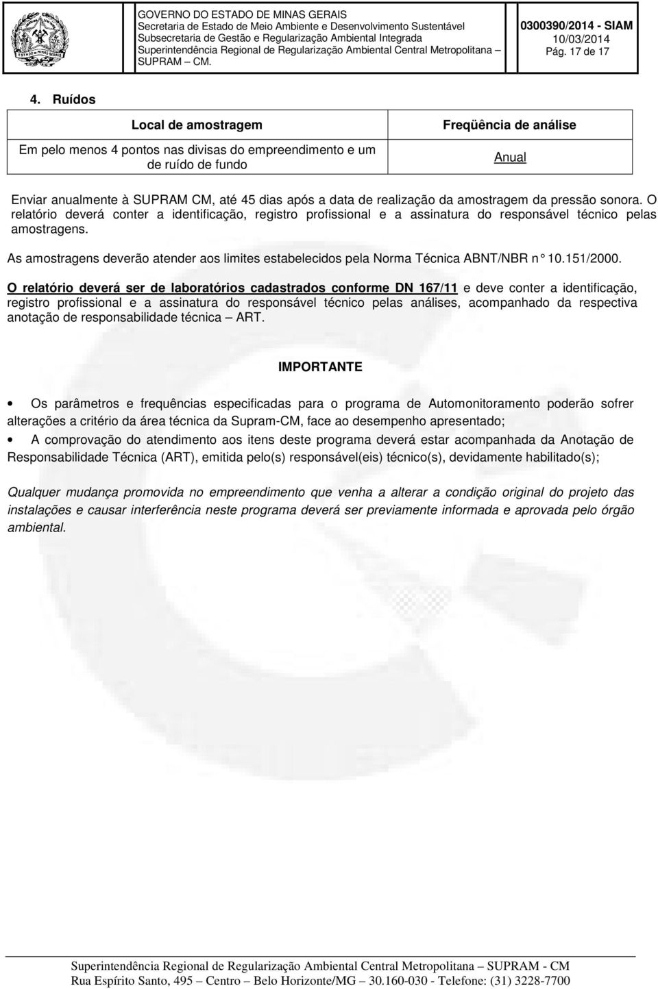 da amostragem da pressão sonora. O relatório deverá conter a identificação, registro profissional e a assinatura do responsável técnico pelas amostragens.