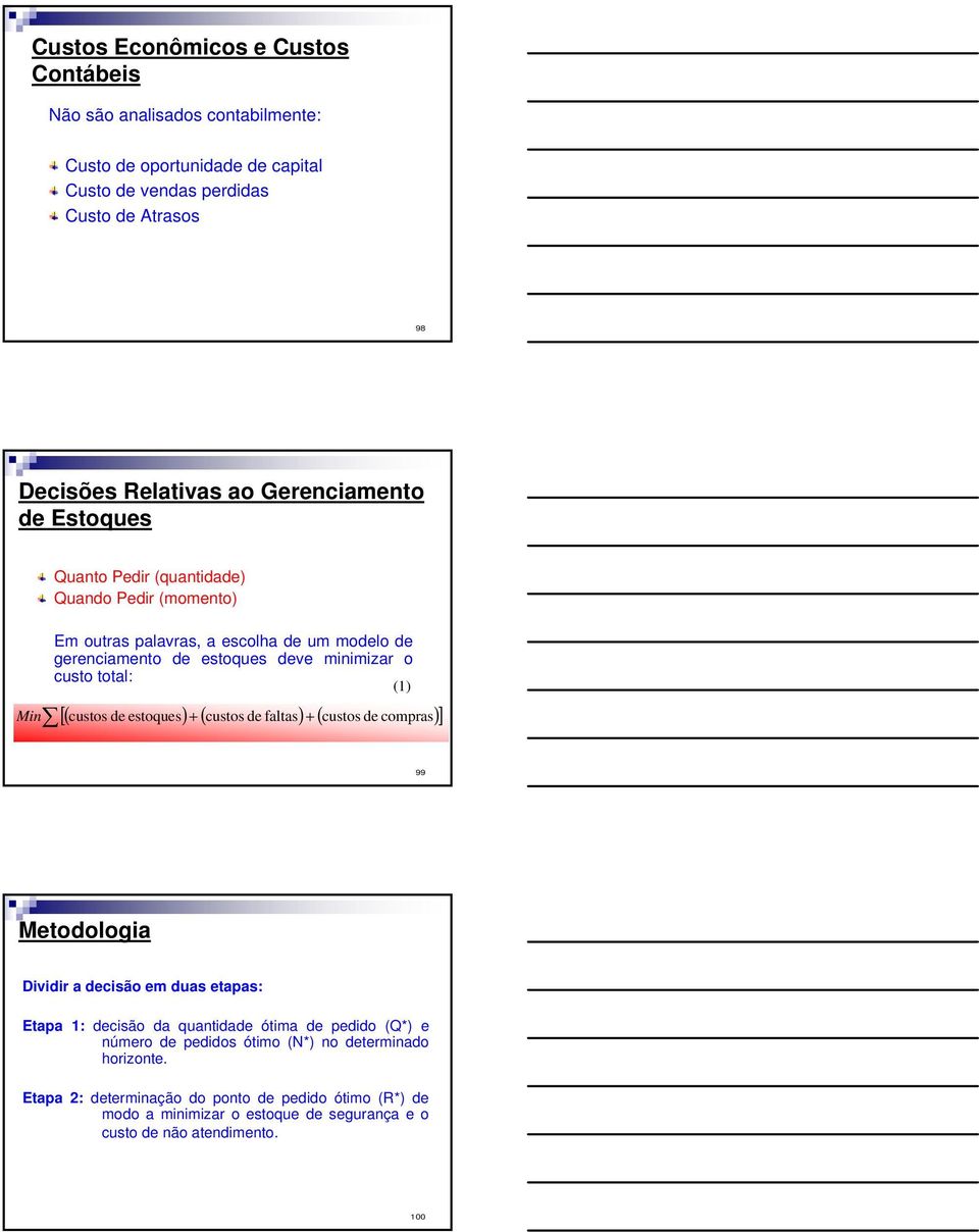 total: (1) custos de estoques custos de faltas custos de compras 99 Metodologia Dividir a decisão em duas etapas: Etapa 1: decisão da quantidade ótima de pedido (Q*) e