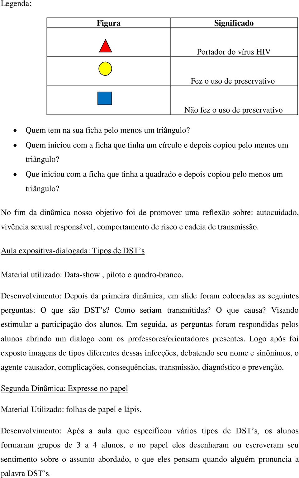 No fim da dinâmica nosso objetivo foi de promover uma reflexão sobre: autocuidado, vivência sexual responsável, comportamento de risco e cadeia de transmissão.