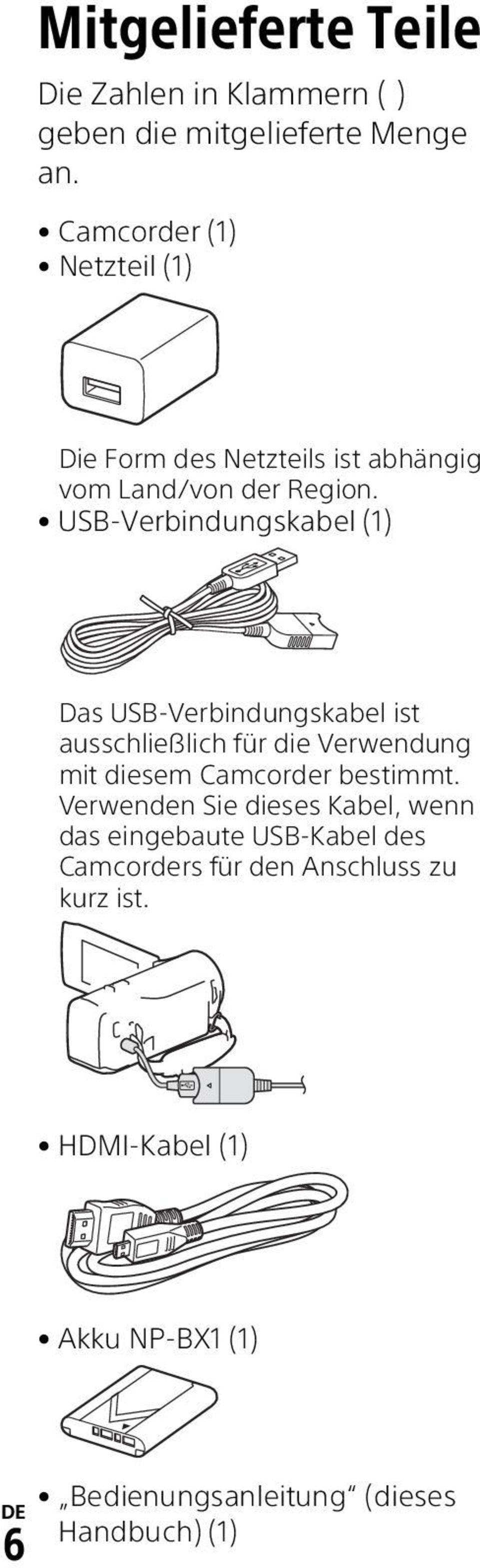 USB-Verbindungskabel (1) Das USB-Verbindungskabel ist ausschließlich für die Verwendung mit diesem Camcorder bestimmt.