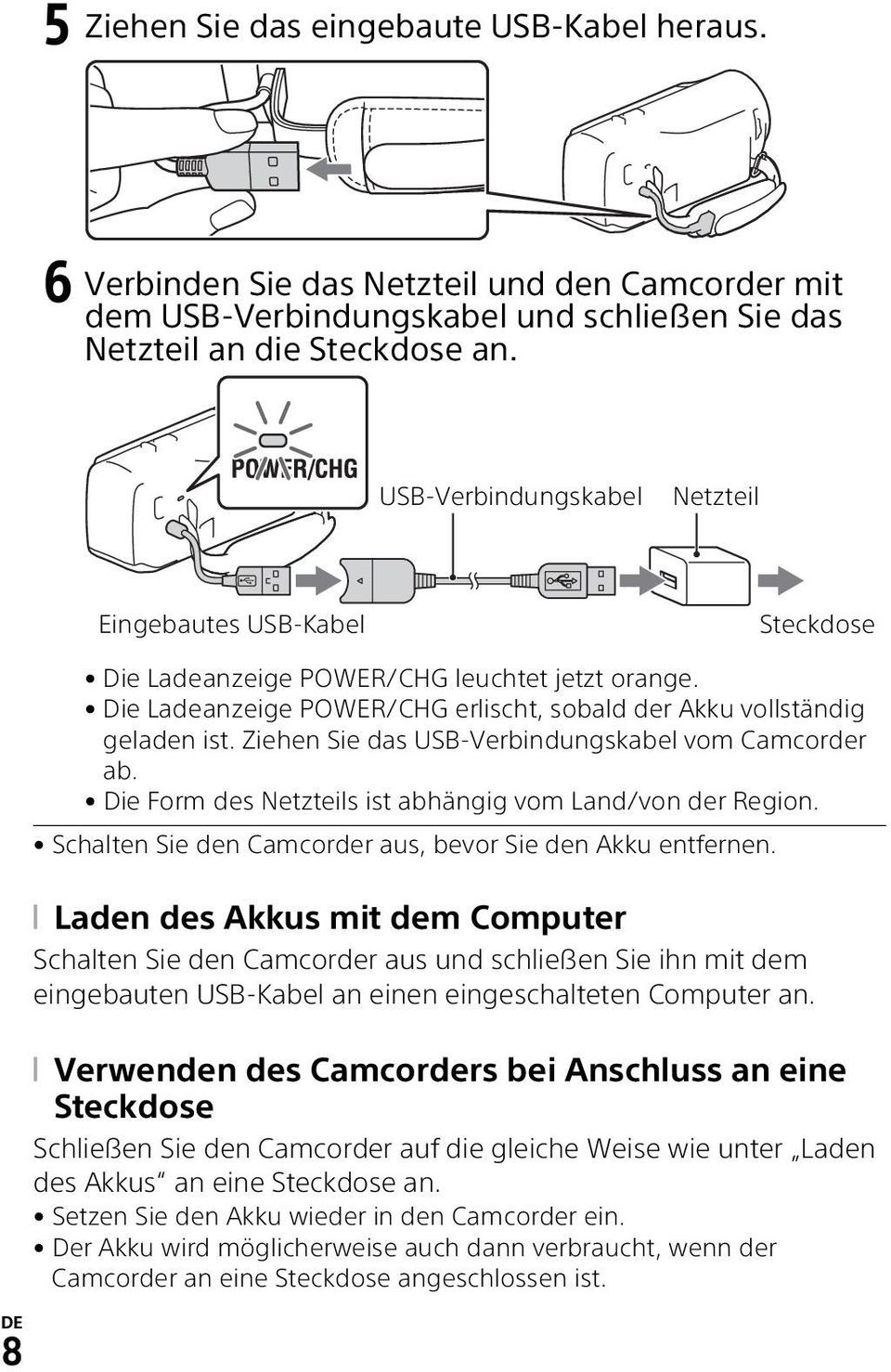 Ziehen Sie das USB-Verbindungskabel vom Camcorder ab. Die Form des Netzteils ist abhängig vom Land/von der Region. Schalten Sie den Camcorder aus, bevor Sie den Akku entfernen.