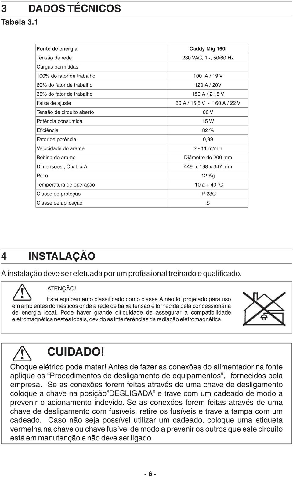 Fator de potência Velocidade do arame Bobina de arame Dimensões, C x L x A Peso Temperatura de operação Classe de proteção Classe de aplicação Caddy Mig 60i 230 VAC, ~, 50/60 Hz 00 A / 9 V 20 A / 20V