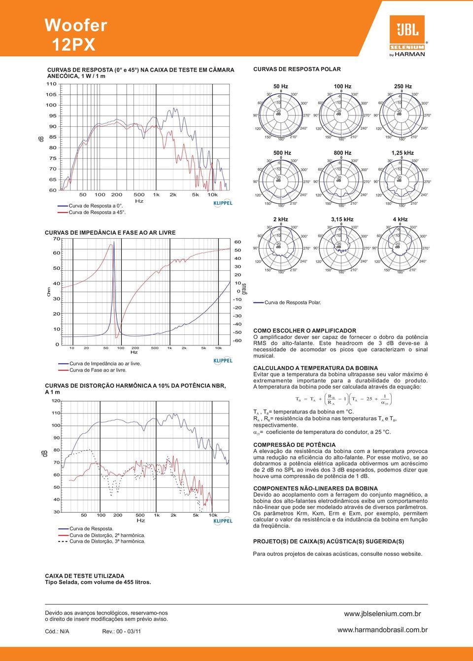 CURVS DE DISORÇÃO HRMÔNIC % D POÊNCI NR, m 9 8 7 6 5 5 k k 5k k 6 5 4 graus - - - -4-5 - - - 9 7 9 7 9 7 6 5 8 k,5 k Curva de Resposta Polar.