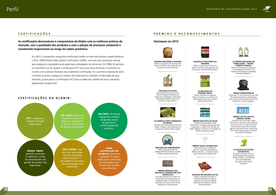 Prêmios e reconhecimentos Destaques em 2013: Em 2013, a companhia conquistou certificação inédita no setor de celulose e papel brasileiro, a FSSC 22000 (Food Safety System Certification 22000), uma