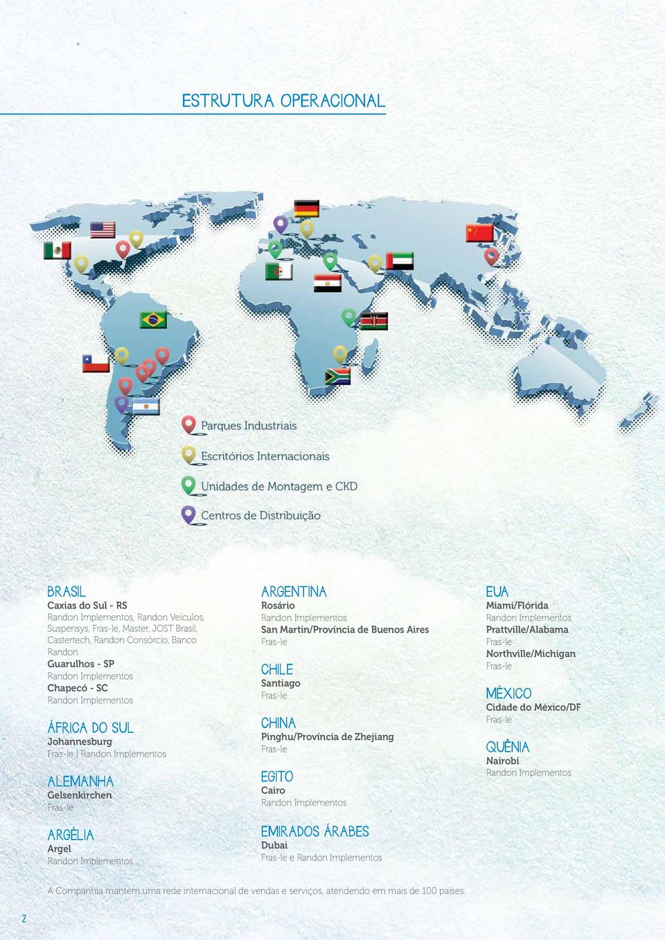 San Martin/Província de Buenos Aires Fras-le CHILE Santiago Fras-le CHINA Pinghu/Província de Zhejiang Fras-le EGITO Cairo Randon Implementos EMIRADOS ÁRABES Dubai Fras-le e Randon Implementos EUA