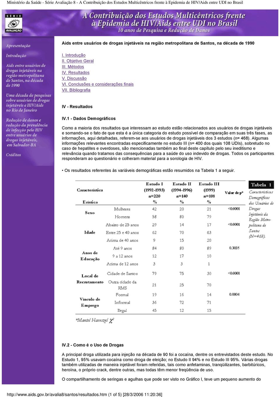 1 - Dados Demográficos Como a maioria dos resultados que interessam ao estudo estão relacionados aos usuários de drogas injetáveis e somando-se o fato de que esta é a única categoria do estudo