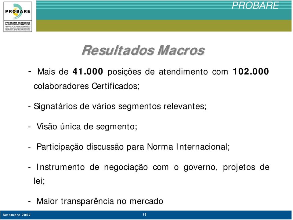 Visão única de segmento; - Participação discussão para Norma Internacional; -