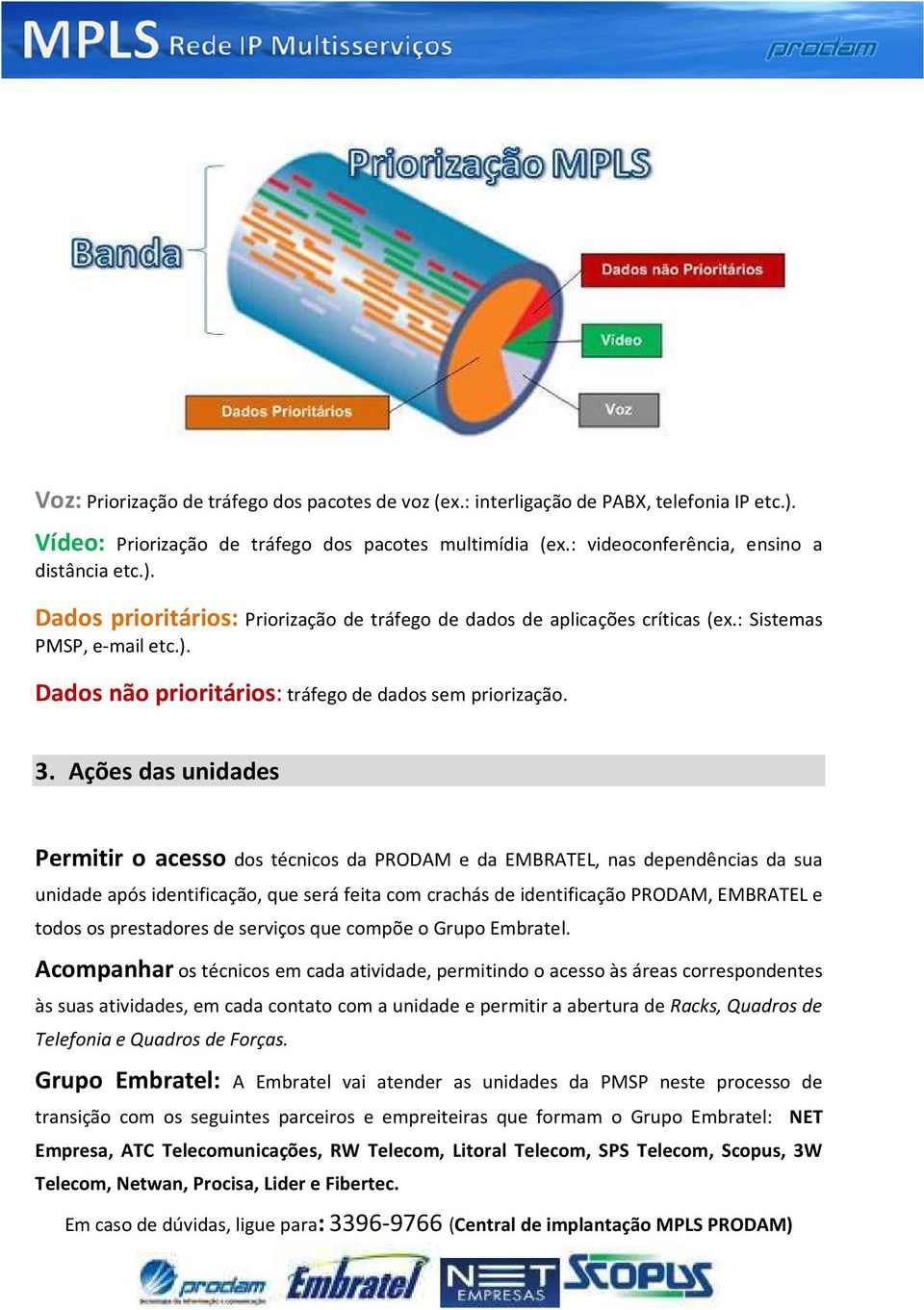 Ações das unidades Permitir o acesso dos técnicos da PRODAM e da EMBRATEL, nas dependências da sua unidade após identificação, que será feita com crachás de identificação PRODAM, EMBRATEL e todos os