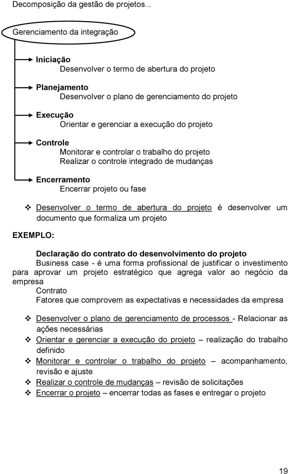 Controle Monitorar e controlar o trabalho do projeto Realizar o controle integrado de mudanças Encerramento Encerrar projeto ou fase Desenvolver o termo de abertura do projeto é desenvolver um