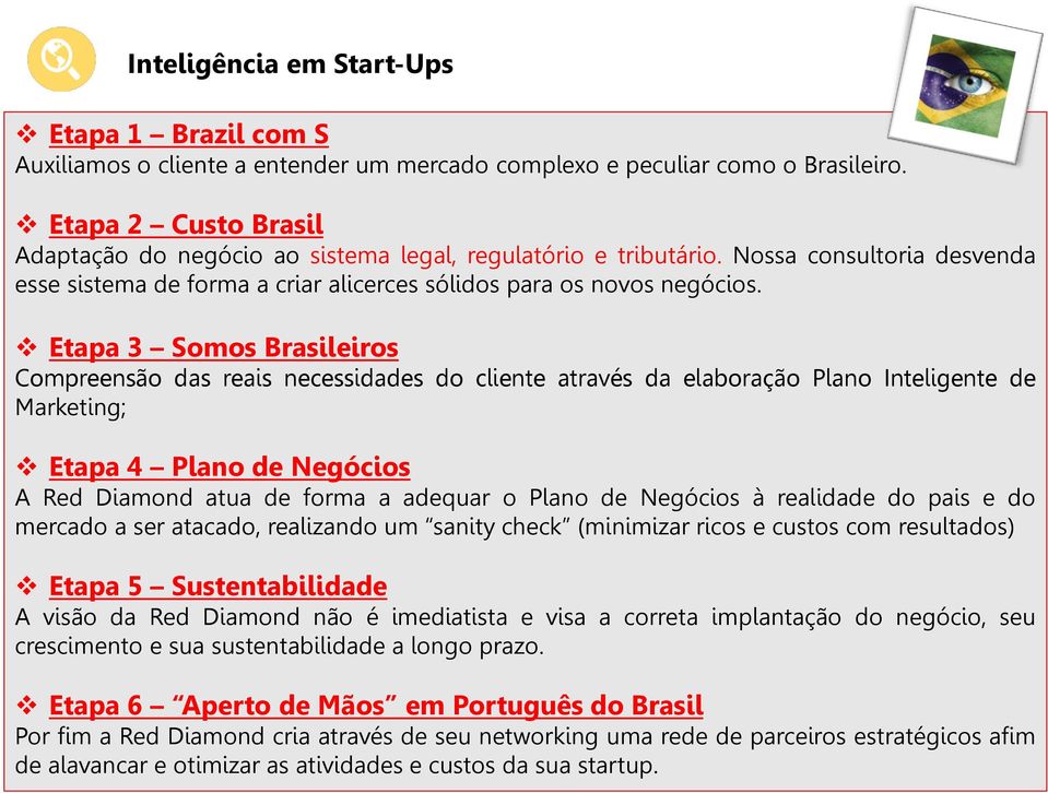 Etapa 3 Somos Brasileiros Compreensão das reais necessidades do cliente através da elaboração Plano Inteligente de Marketing; Etapa 4 Plano de Negócios A Red Diamond atua de forma a adequar o Plano