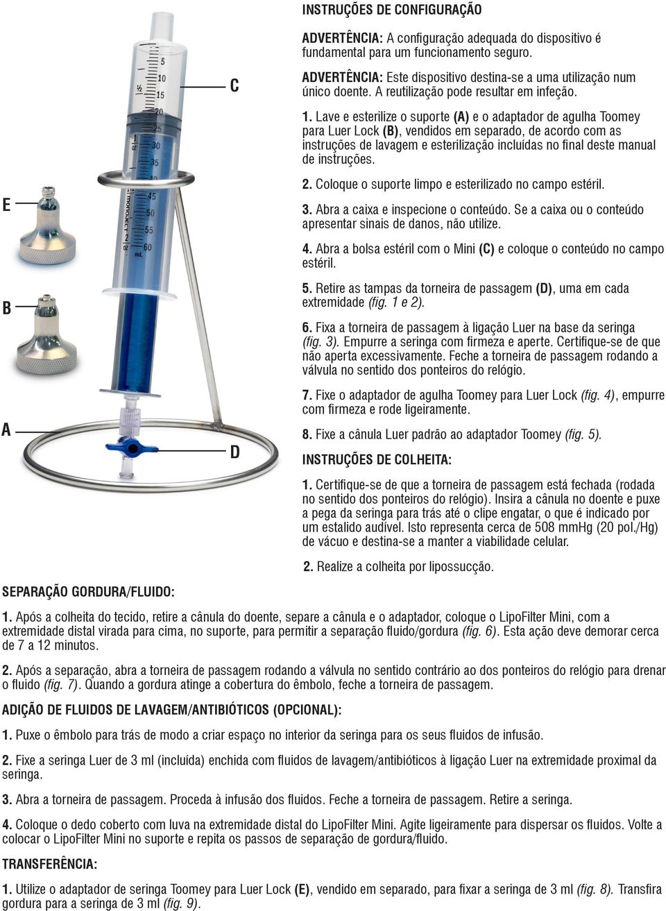 Lave e esterilize o suporte (A) e o adaptador de agulha Toomey para Luer Lock (B), vendidos em separado, de acordo com as instruções de lavagem e esterilização incluídas no final deste manual de