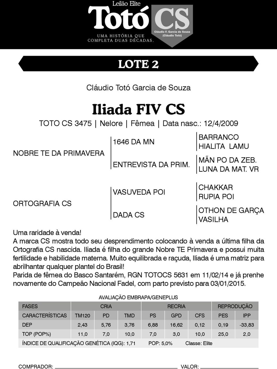 Iliada é filha do grande Nobre TE Primavera e possui muita fertilidade e habilidade materna. Muito equilibrada e raçuda, Iliada é uma matriz para abrilhantar qualquer plantel do Brasil!