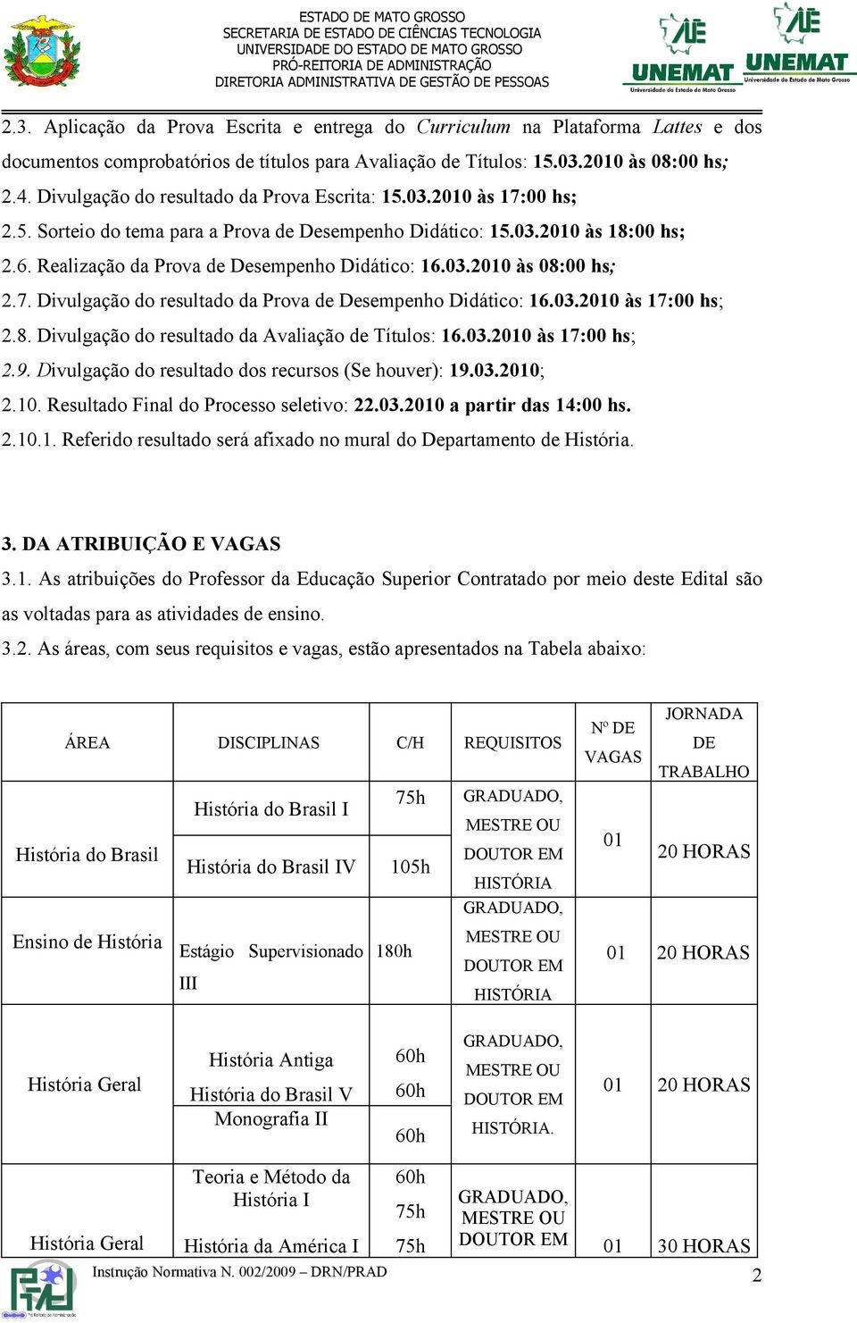 03.2010 às 08:00 hs; 2.7. Divulgação do resultado da Prova de Desempenho Didático: 16.03.2010 às 17:00 hs; 2.8. Divulgação do resultado da Avaliação de Títulos: 16.03.2010 às 17:00 hs; 2.9.