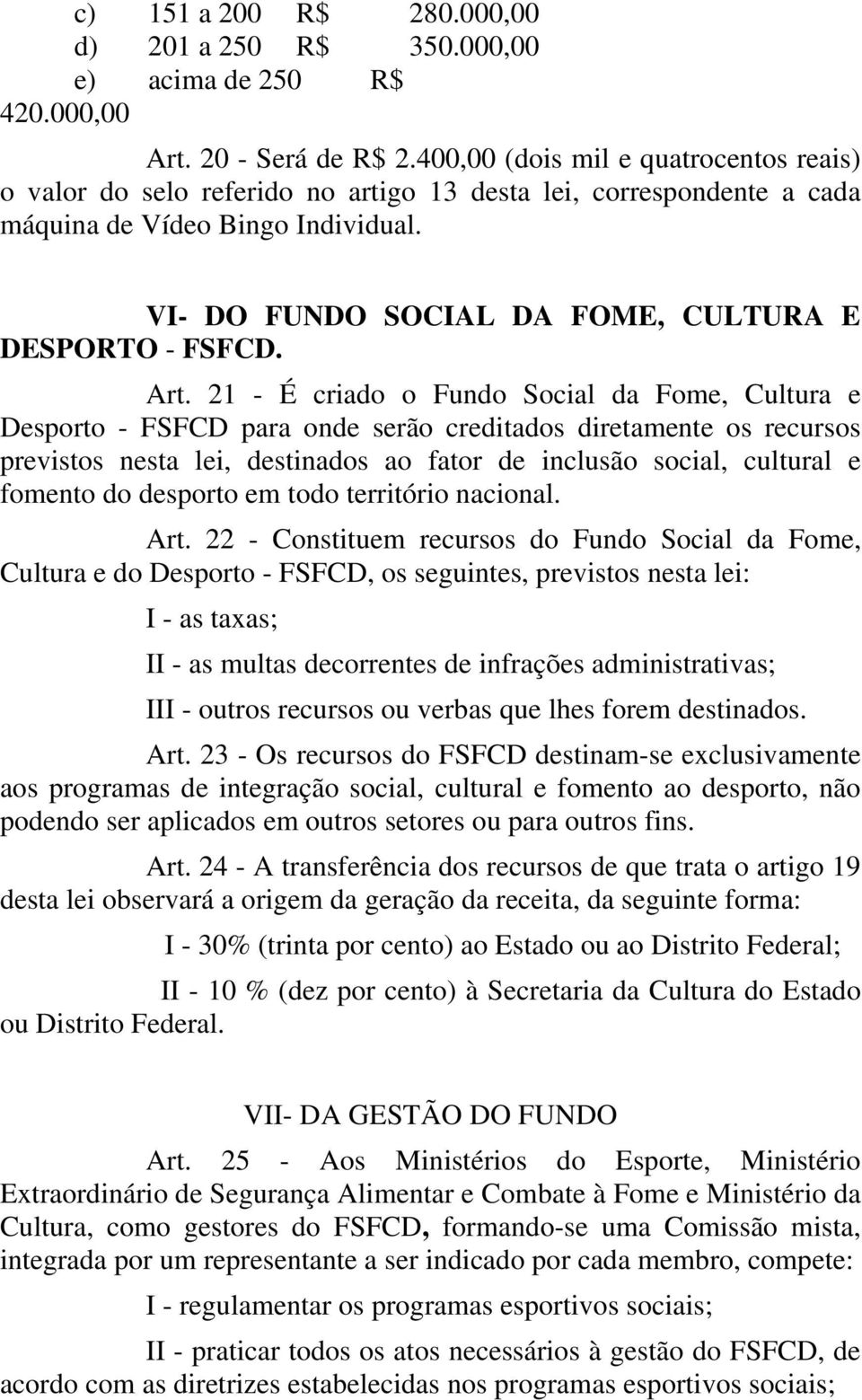 VI- DO FUNDO SOCIAL DA FOME, CULTURA E DESPORTO - FSFCD. Art.
