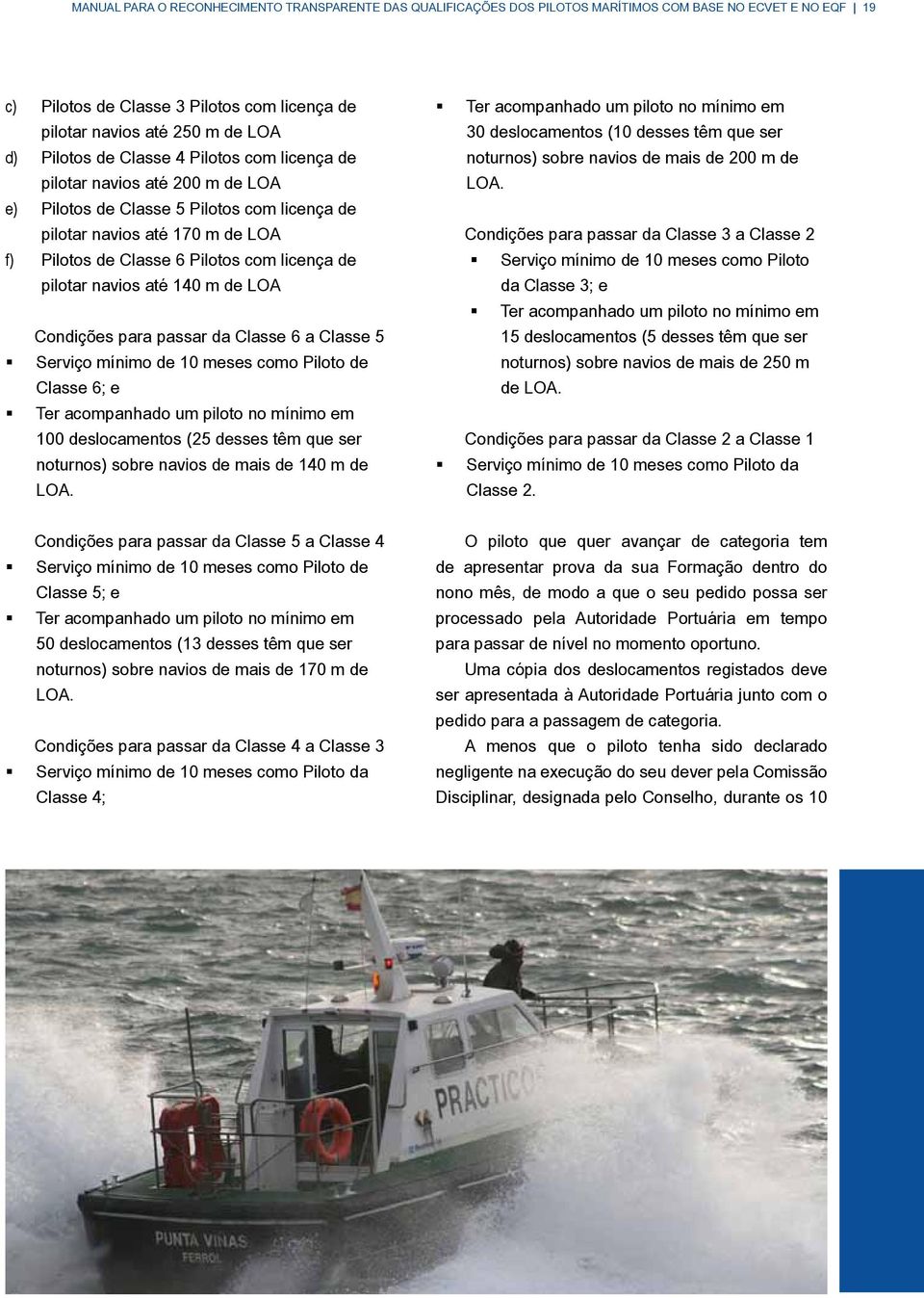 pilotar navios até 140 m de LOA Condições para passar da Classe 6 a Classe 5 Serviço mínimo de 10 meses como Piloto de Classe 6; e Ter acompanhado um piloto no mínimo em 100 deslocamentos (25 desses