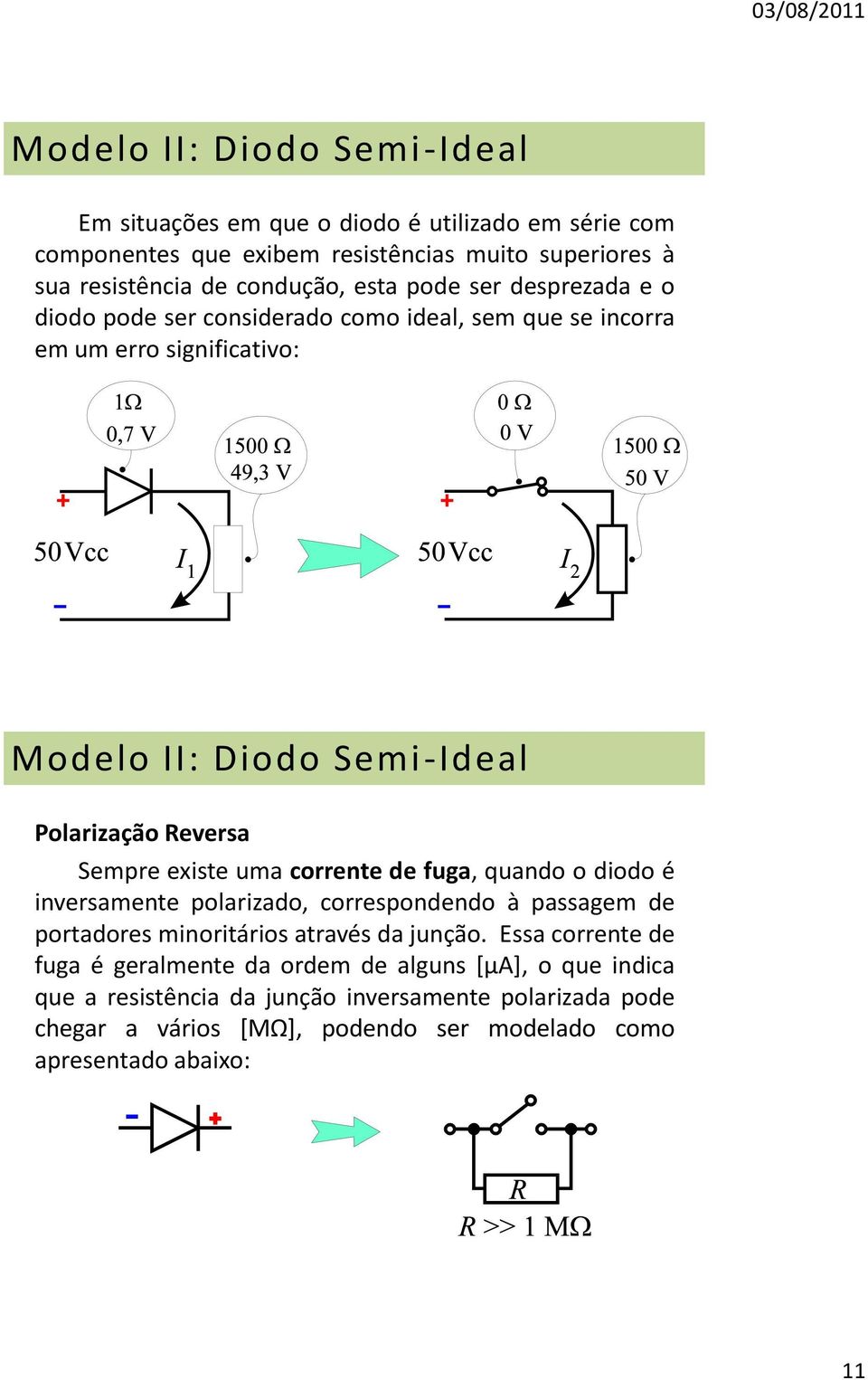 existe uma corrente de fuga, quando o diodo é inversamente polarizado, correspondendo à passagem de portadores minoritários através da junção.