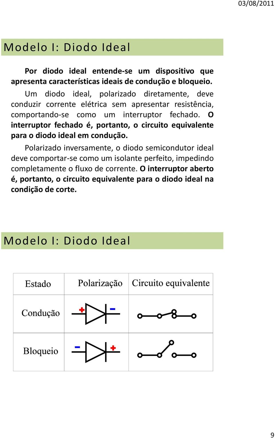 O interruptor fechado é, portanto, o circuito equivalente para o diodo ideal em condução.