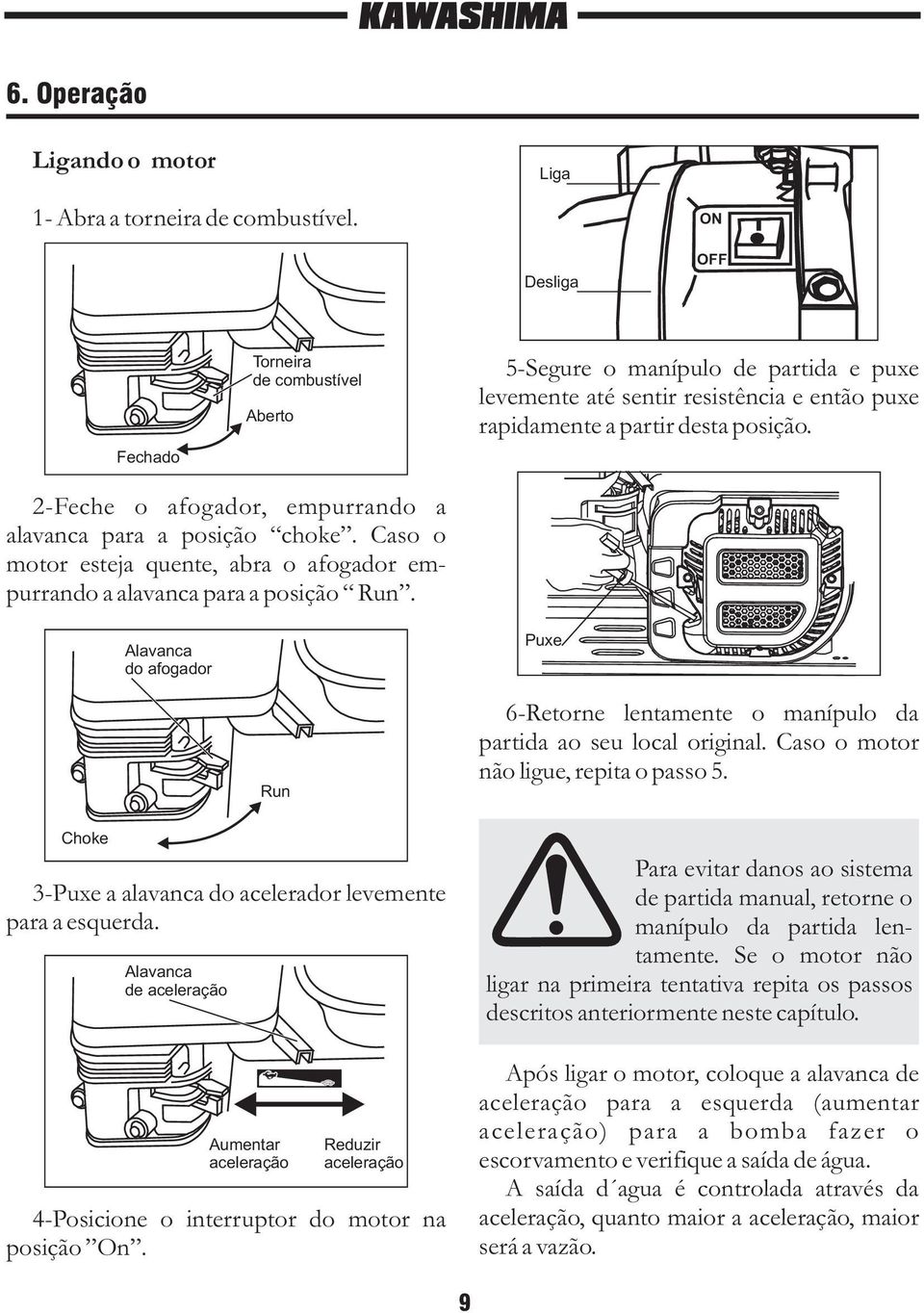 2-Feche o afogador, empurrando a alavanca para a posição choke. Caso o motor esteja quente, abra o afogador empurrando a alavanca para a posição Run.