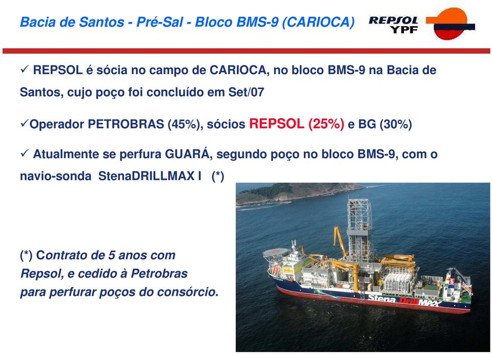 (25%) e BG (30%) Atualmente se perfura GUARÁ, segundo poço no bloco BMS-9, com o navio-sonda