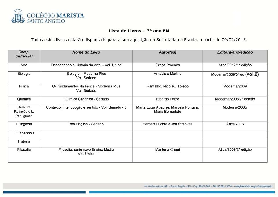 2) Física Os fundamentos da Física - Moderna Plus Ramalho, Nicolau, Toledo Moderna/2009 Química Química Orgânica - Seriado Ricardo Feltre Moderna/2008/7ª edição Literatura, Redação e Portuguesa