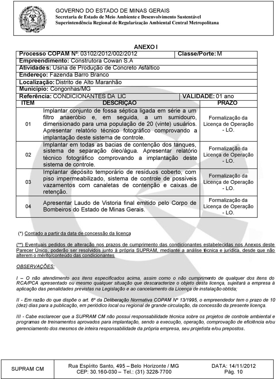 ITEM DESCRIÇÃO PRAZO * 01 Implantar conjunto de fossa séptica ligada em série a um filtro anaeróbio e, em seguida, a um sumidouro, dimensionado para uma população de 20 (vinte) usuários.