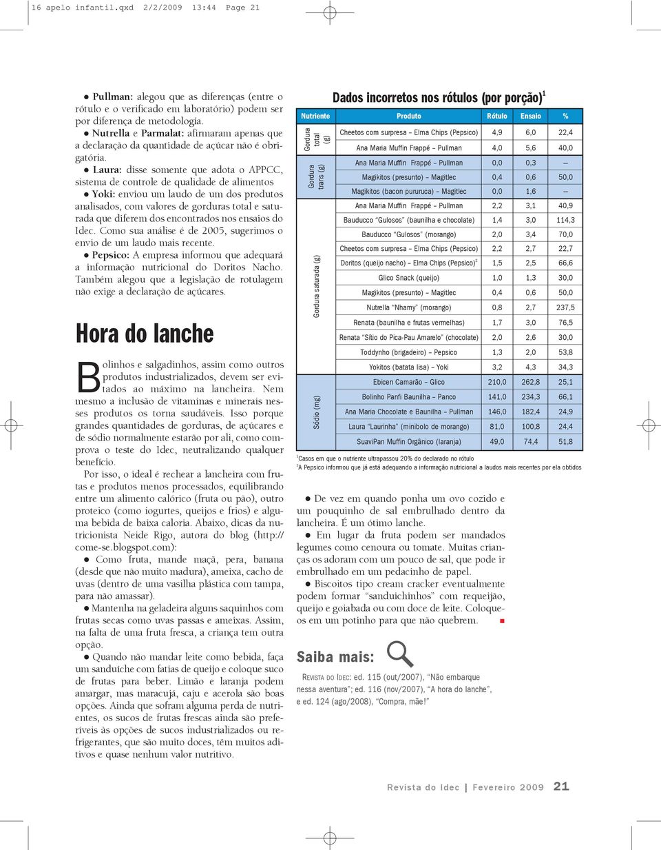 Laura: disse somente que adota o APPCC, sistema de controle de qualidade de alimentos Yoki: enviou um laudo de um dos produtos analisados, com valores de gorduras total e saturada que diferem dos