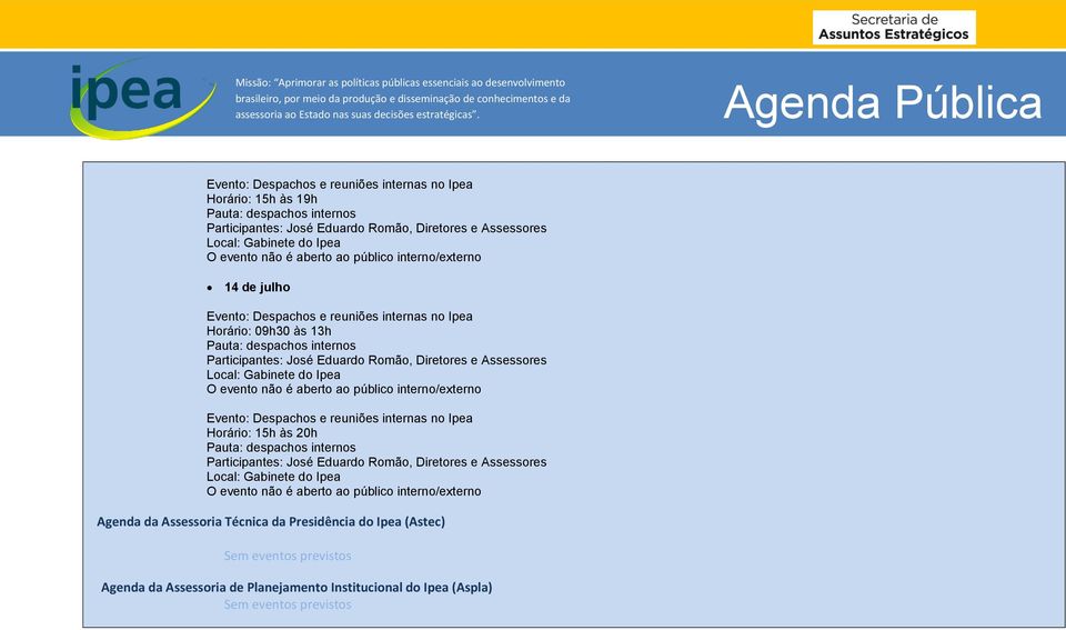 Evento: Despachos e reuniões internas no Ipea Horário: 15h às 20h Pauta: despachos internos Participantes: José Eduardo Romão, Diretores e Assessores Agenda