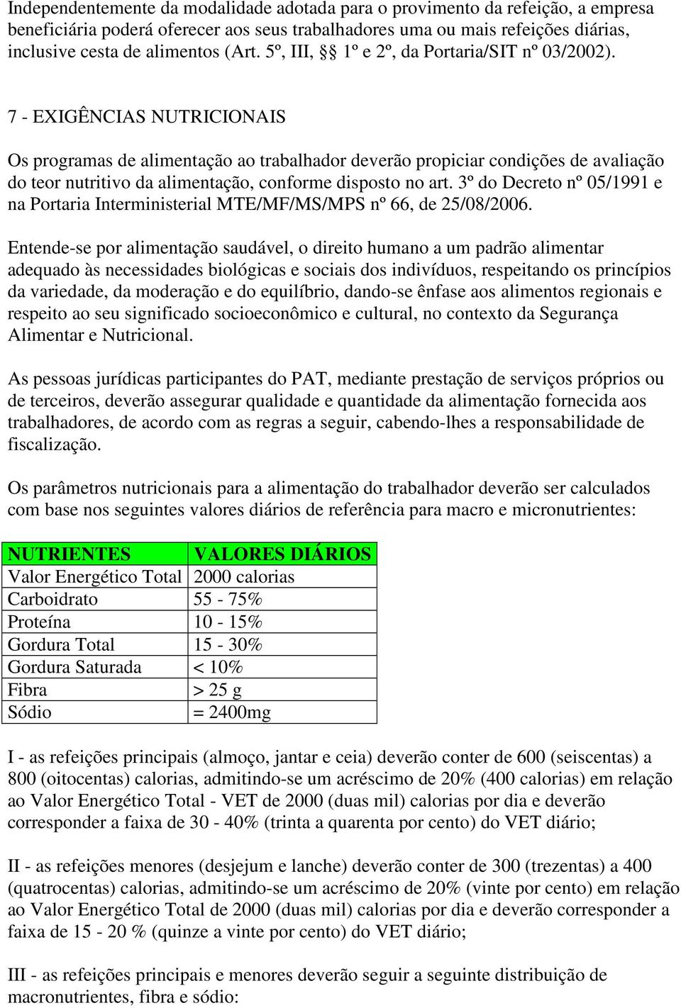 7 - EXIGÊNCIAS NUTRICIONAIS Os programas de alimentação ao trabalhador deverão propiciar condições de avaliação do teor nutritivo da alimentação, conforme disposto no art.