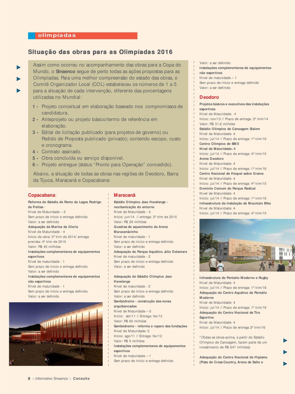 Mundial: 1-2 - 3-4 - 5-6 - Projeto conceitual em elaboração baseado nos compromissos de candidatura. Anteprojeto ou projeto básico/termo de referência em elaboração.