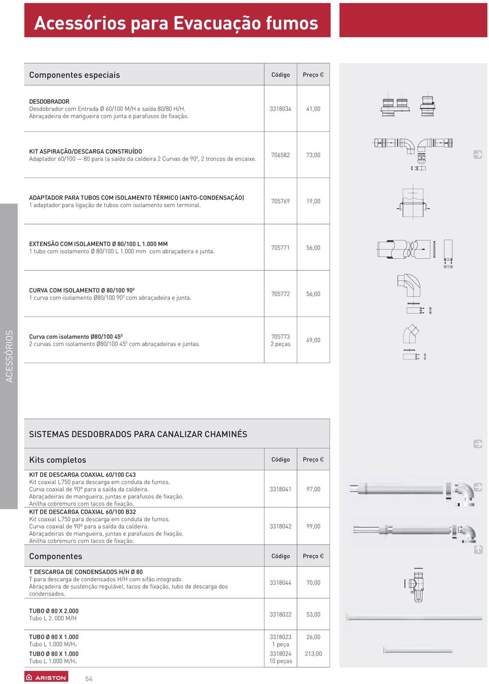 706582 73,00 ADAPTADOR PARA TUBOS COM ISOLAMENTO TÉRMICO (ANTO-CONDENSAÇÃO) 1 adaptador para ligação de tubos com isolamento sem terminal. 705769 19,00 EXTENSÃO COM ISOLAMENTO Ø 80/100 L 1.