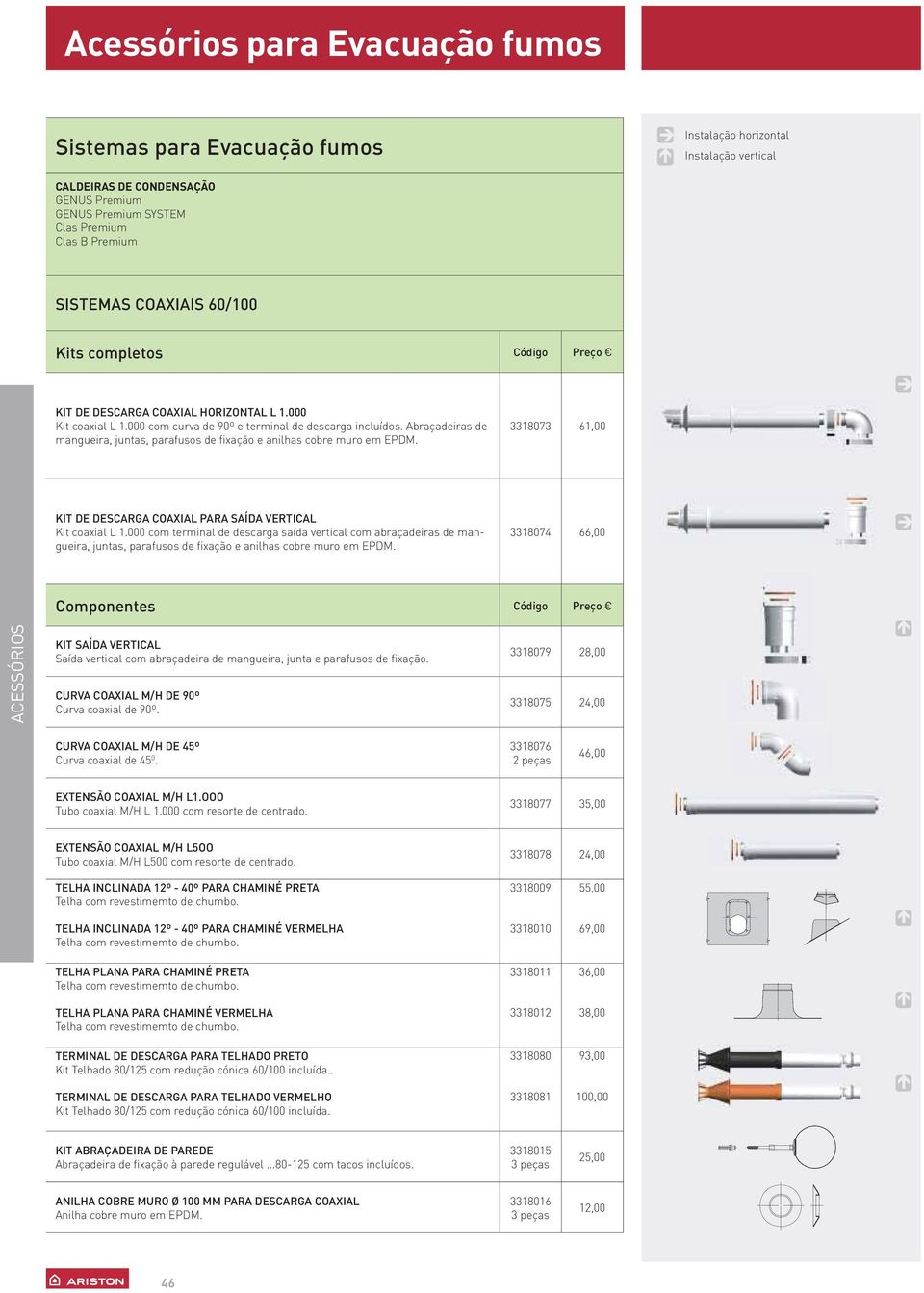 Abraçadeiras de mangueira, juntas, parafusos de fixação e anilhas cobre muro em EPDM. 3318073 61,00 KIT DE DESCARGA COAXIAL PARA SAÍDA VERTICAL Kit coaxial L 1.