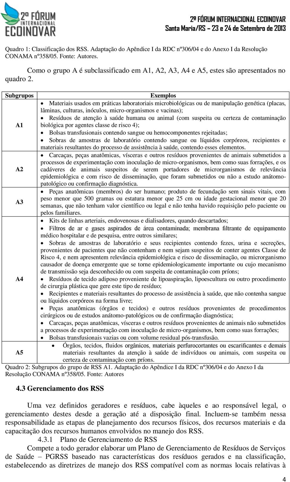 Subgrupos Exemplos Materiais usados em práticas laboratoriais microbiológicas ou de manipulação genética (placas, lâminas, culturas, inóculos, micro-organismos e vacinas); Resíduos de atenção à saúde