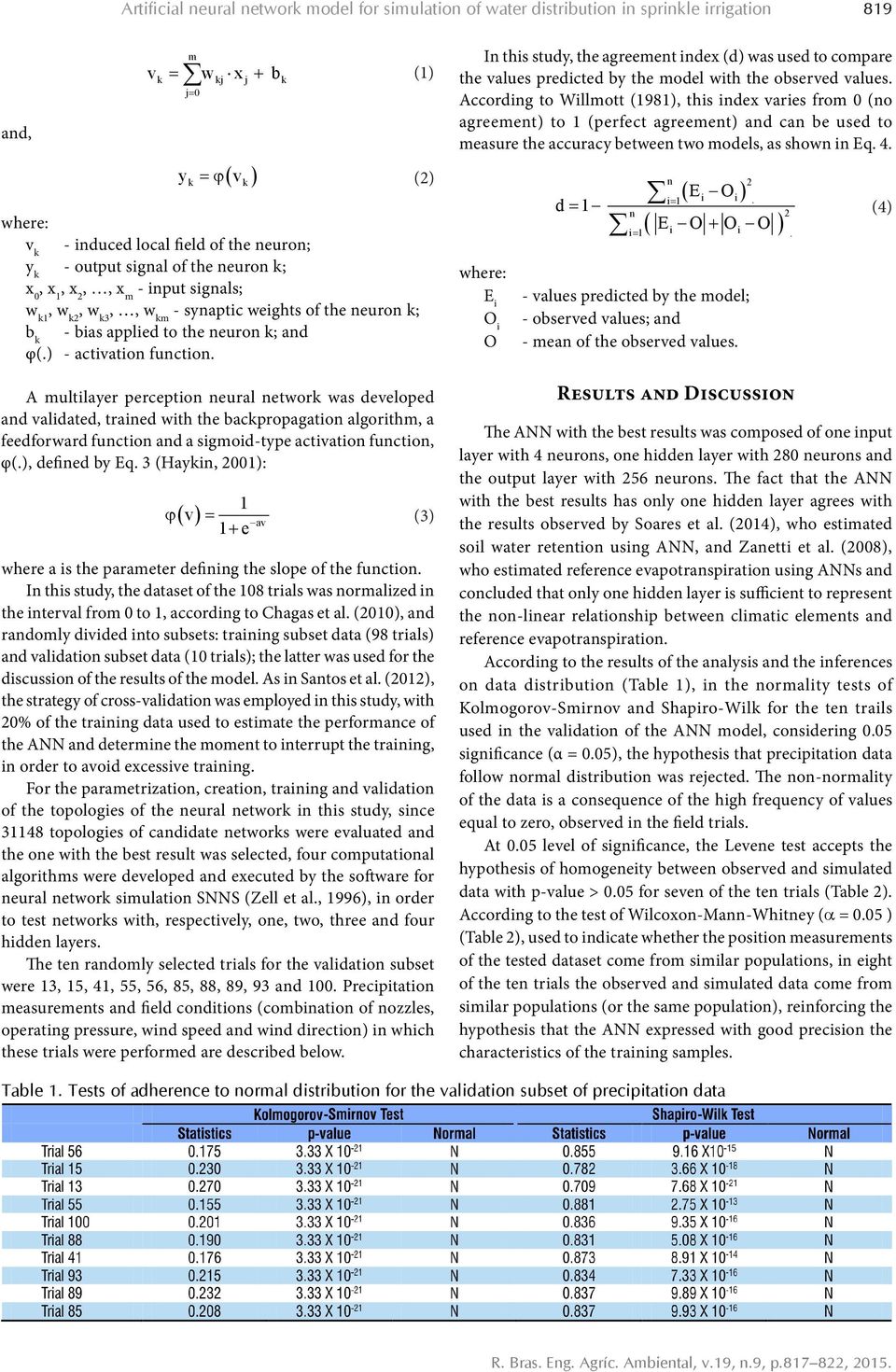 A multilayer perception neural network was developed and validated, trained with the backpropagation algorithm, a feedforward function and a sigmoid-type activation function, φ(.), defined by Eq.