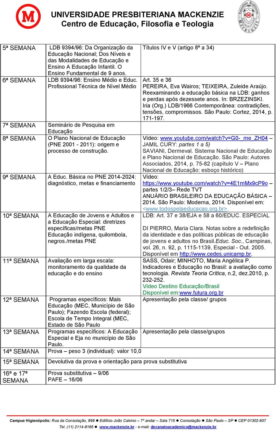 Profissional Técnica de Nível Médio 7ª SEMANA Seminário de Pesquisa em Educação 8ª SEMANA O Plano Nacional de Educação (PNE 2001-2011): origem e processo de construção. 9ª SEMANA A Educ.