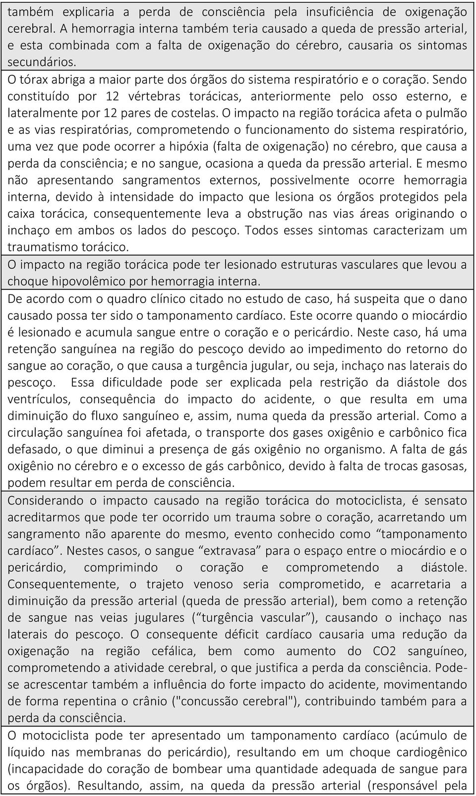 O tórax abriga a maior parte dos órgãos do sistema respiratório e o coração. Sendo constituído por 12 vértebras torácicas, anteriormente pelo osso esterno, e lateralmente por 12 pares de costelas.