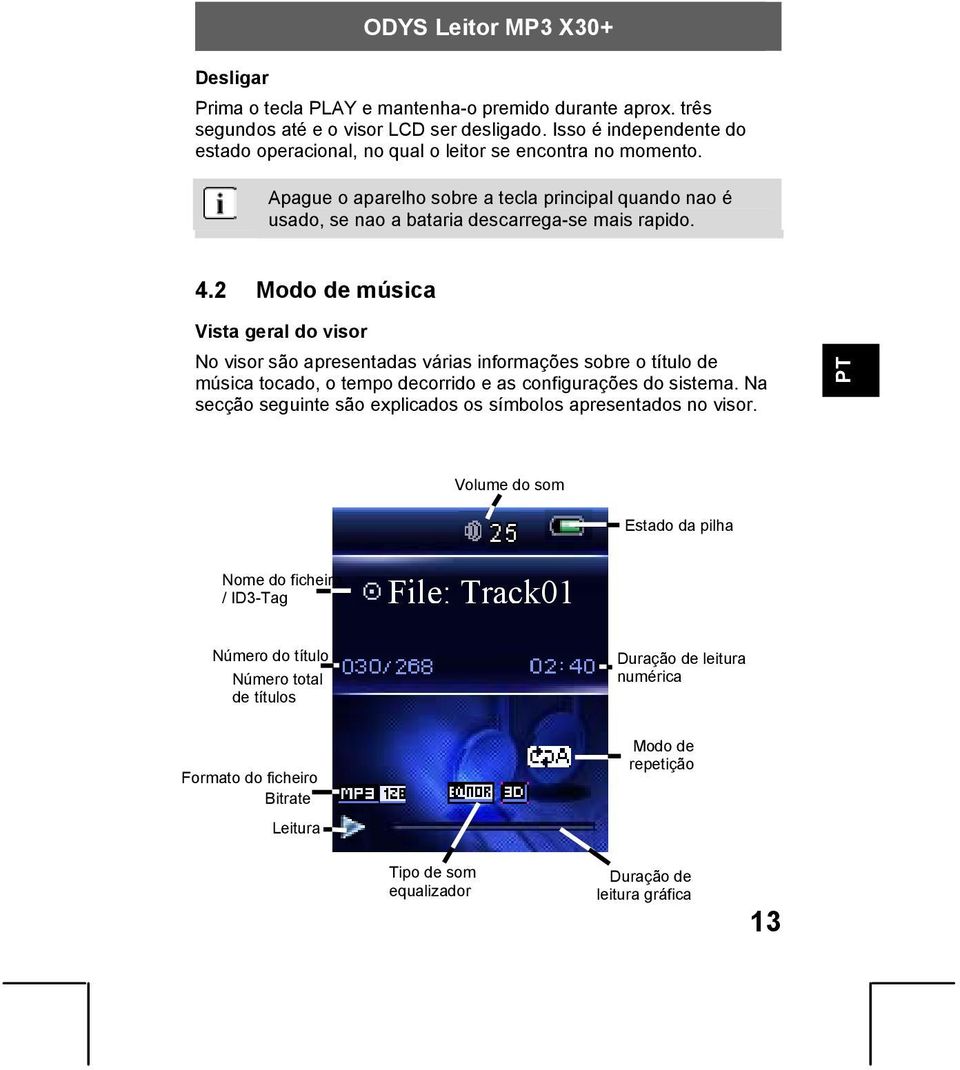 2 Modo de música Vista geral do visor No visor são apresentadas várias informações sobre o título de música tocado, o tempo decorrido e as configurações do sistema.