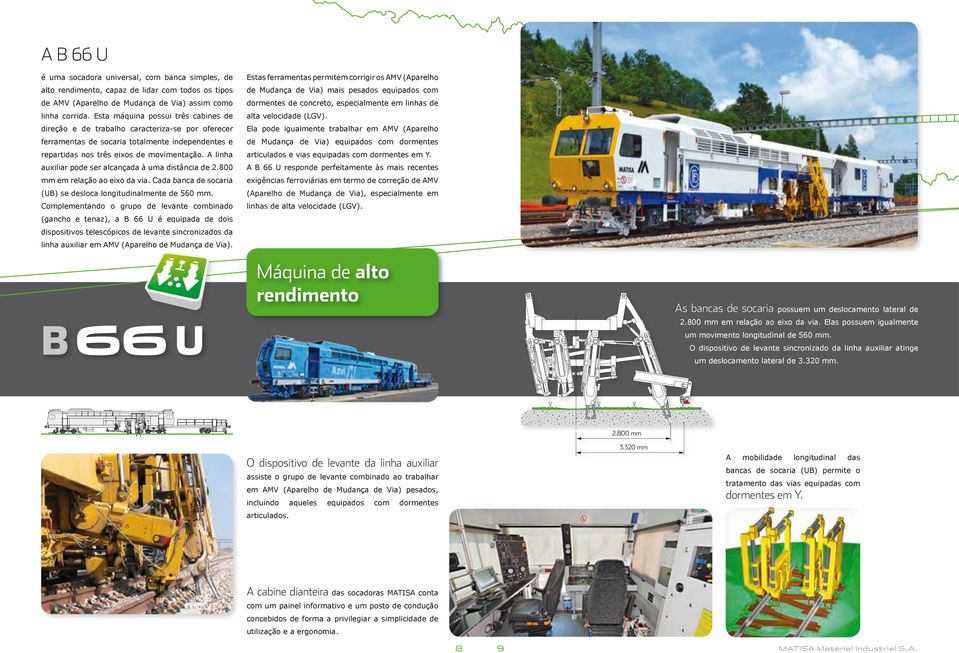 A linha auxiliar pode ser alcançada à uma distância de 2.800 mm em relação ao eixo da via. Cada banca de socaria (UB) se desloca longitudinalmente de 560 mm.