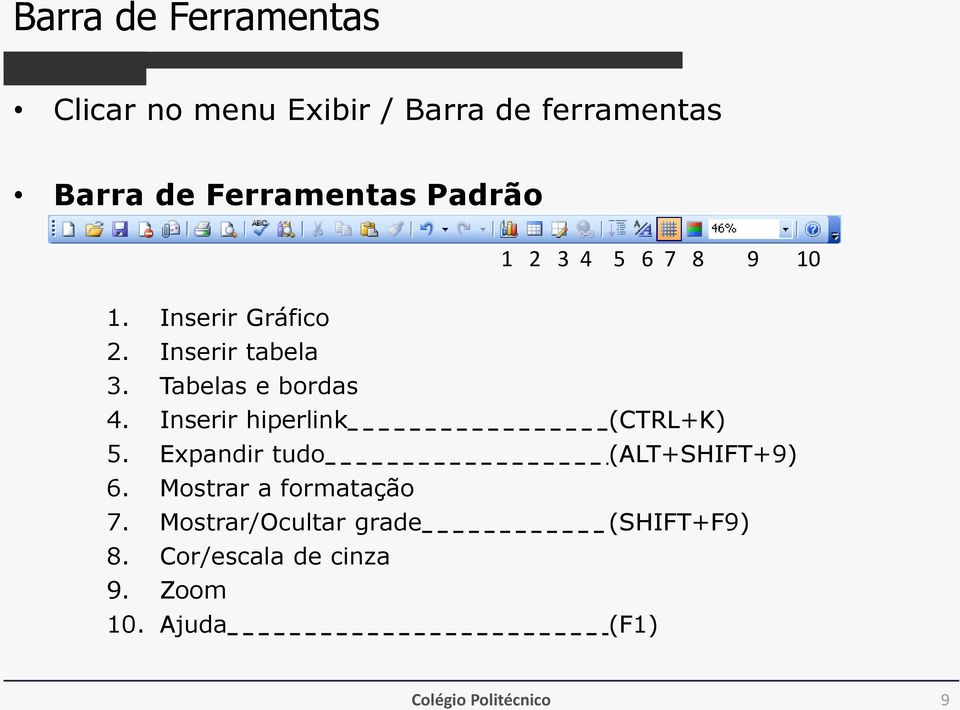 Inserir hiperlink (CTRL+K) 5. Expandir tudo (ALT+SHIFT+9) 6. Mostrar a formatação 7.