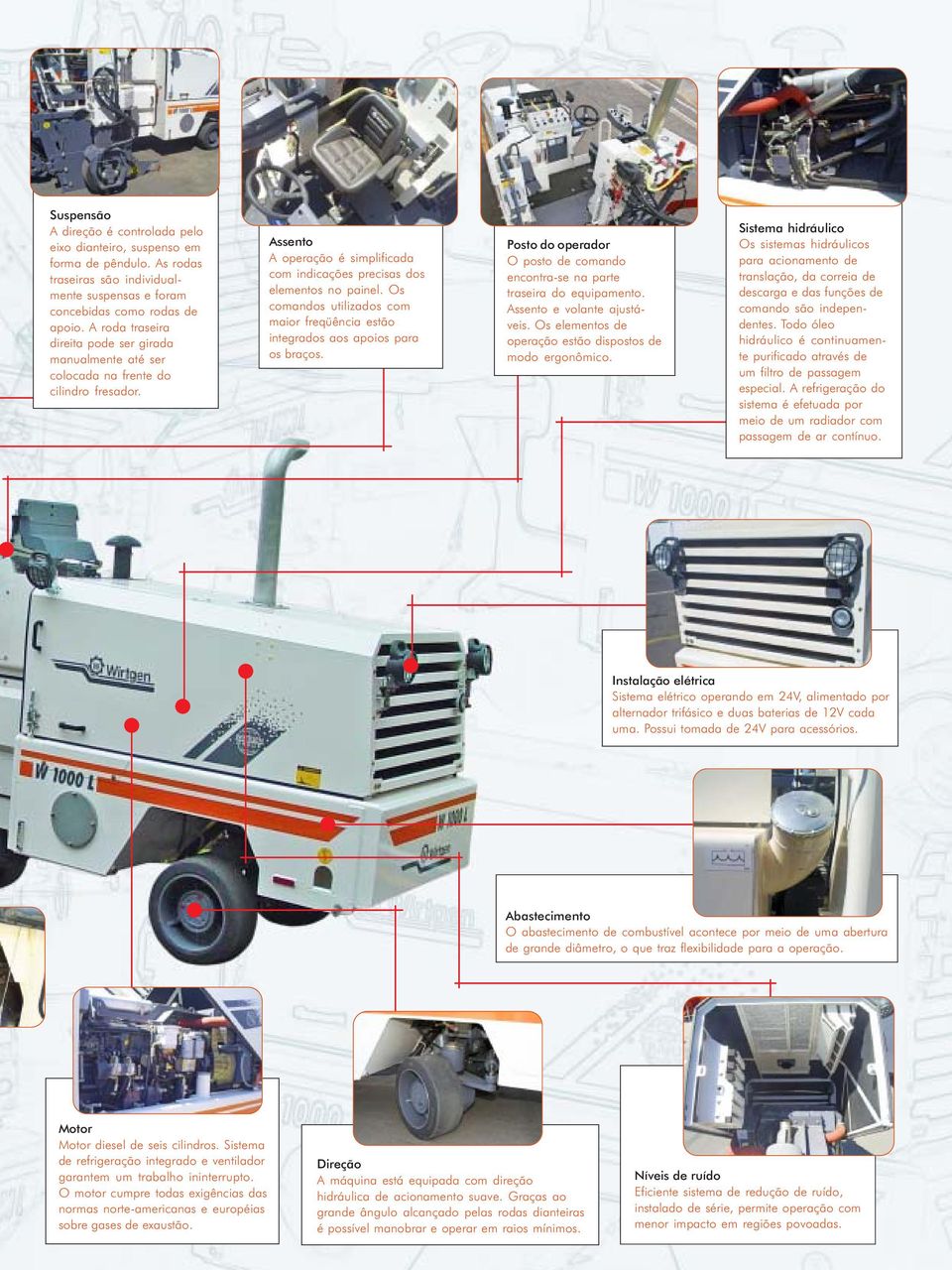 Os comandos utilizados com maior freqüência estão integrados aos apoios para os braços. Posto do operador O posto de comando encontra-se na parte traseira do equipamento. Assento e volante ajustáveis.