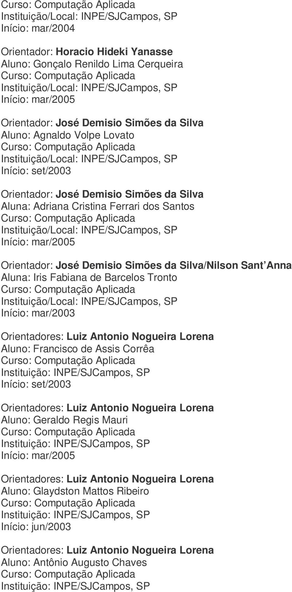 Tronto Início: mar/2003 Orientadores: Luiz Antonio Nogueira Lorena Aluno: Francisco de Assis Corrêa Início: set/2003 Orientadores: Luiz Antonio Nogueira Lorena Aluno: Geraldo