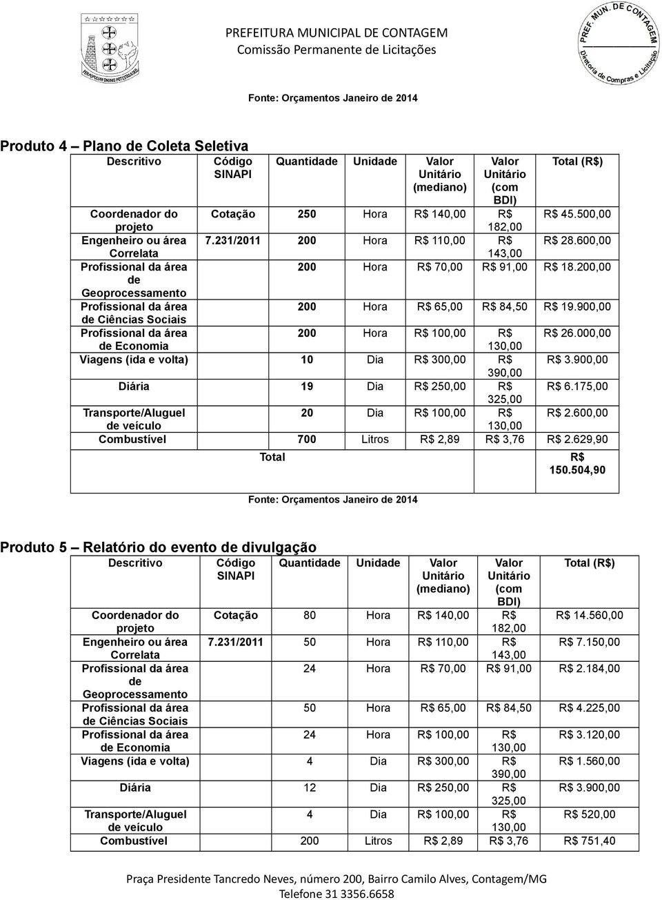 200,00 de Geoprocessamento 200 Hora R$ 65,00 R$ 84,50 R$ 19.900,00 de Ciências Sociais 200 Hora R$ 100,00 R$ R$ 26.000,00 de Economia 130,00 Viagens (ida e volta) 10 Dia R$ 300,00 R$ R$ 3.