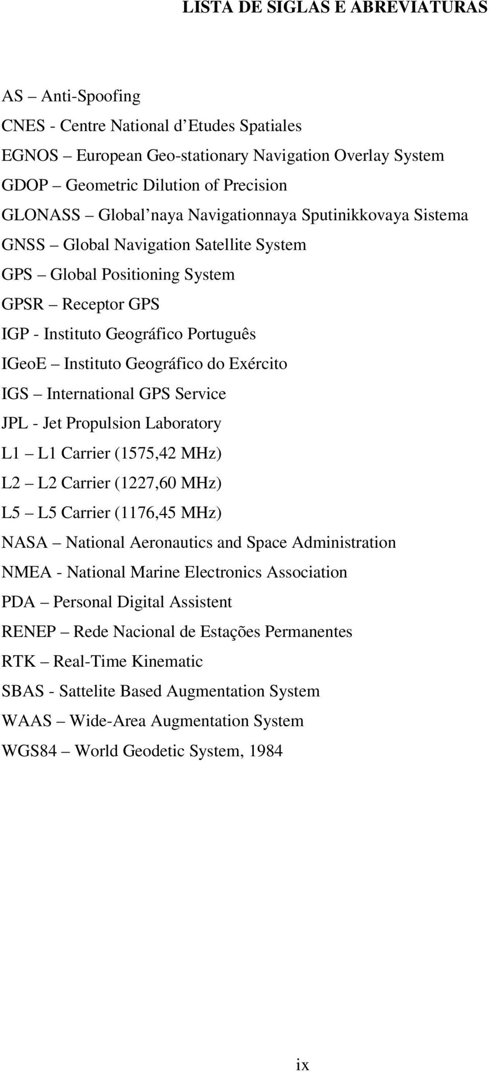 Exército IGS International GPS Service JPL - Jet Propulsion Laboratory L1 L1 Carrier (1575,42 MHz) L2 L2 Carrier (1227,60 MHz) L5 L5 Carrier (1176,45 MHz) NASA National Aeronautics and Space