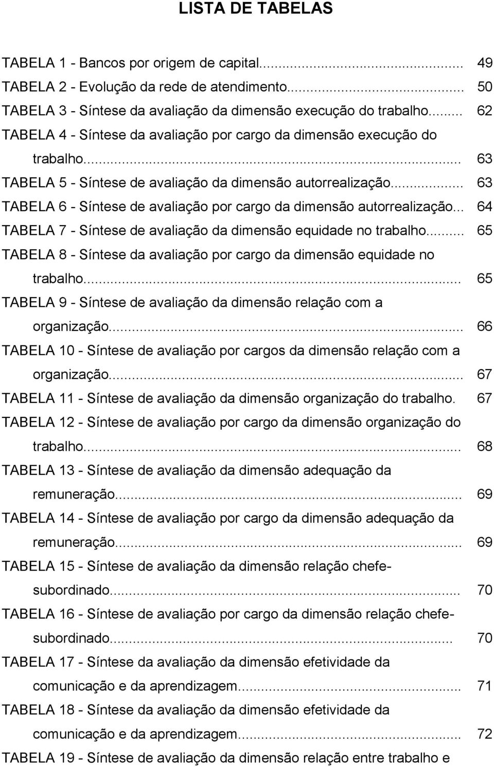 .. 63 TABELA 6 - Síntese de avaliação por cargo da dimensão autorrealização... 64 TABELA 7 - Síntese de avaliação da dimensão equidade no trabalho.