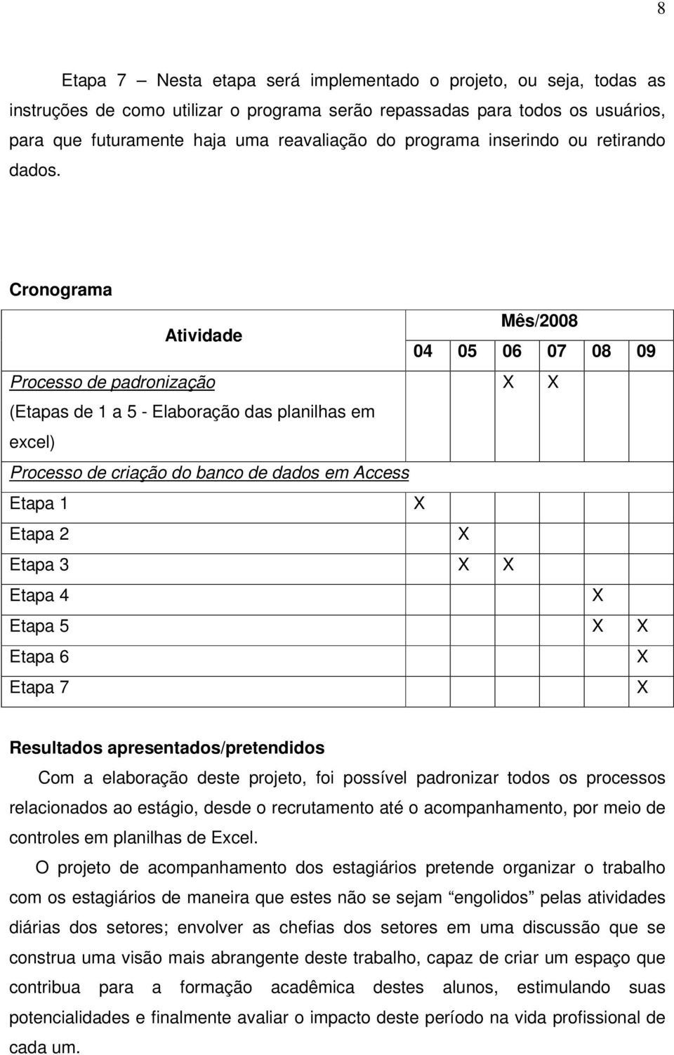 Cronograma Atividade Mês/2008 04 05 06 07 08 09 Processo de padronização X X (Etapas de 1 a 5 - Elaboração das planilhas em excel) Processo de criação do banco de dados em Access Etapa 1 X Etapa 2 X