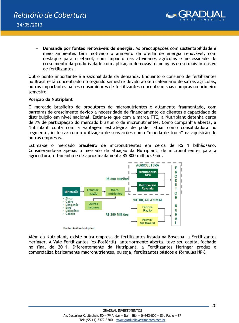 crescimento da produtividade com aplicação de novas tecnologias e uso mais intensivo de fertilizantes. Outro ponto importante é a sazonalidade da demanda.