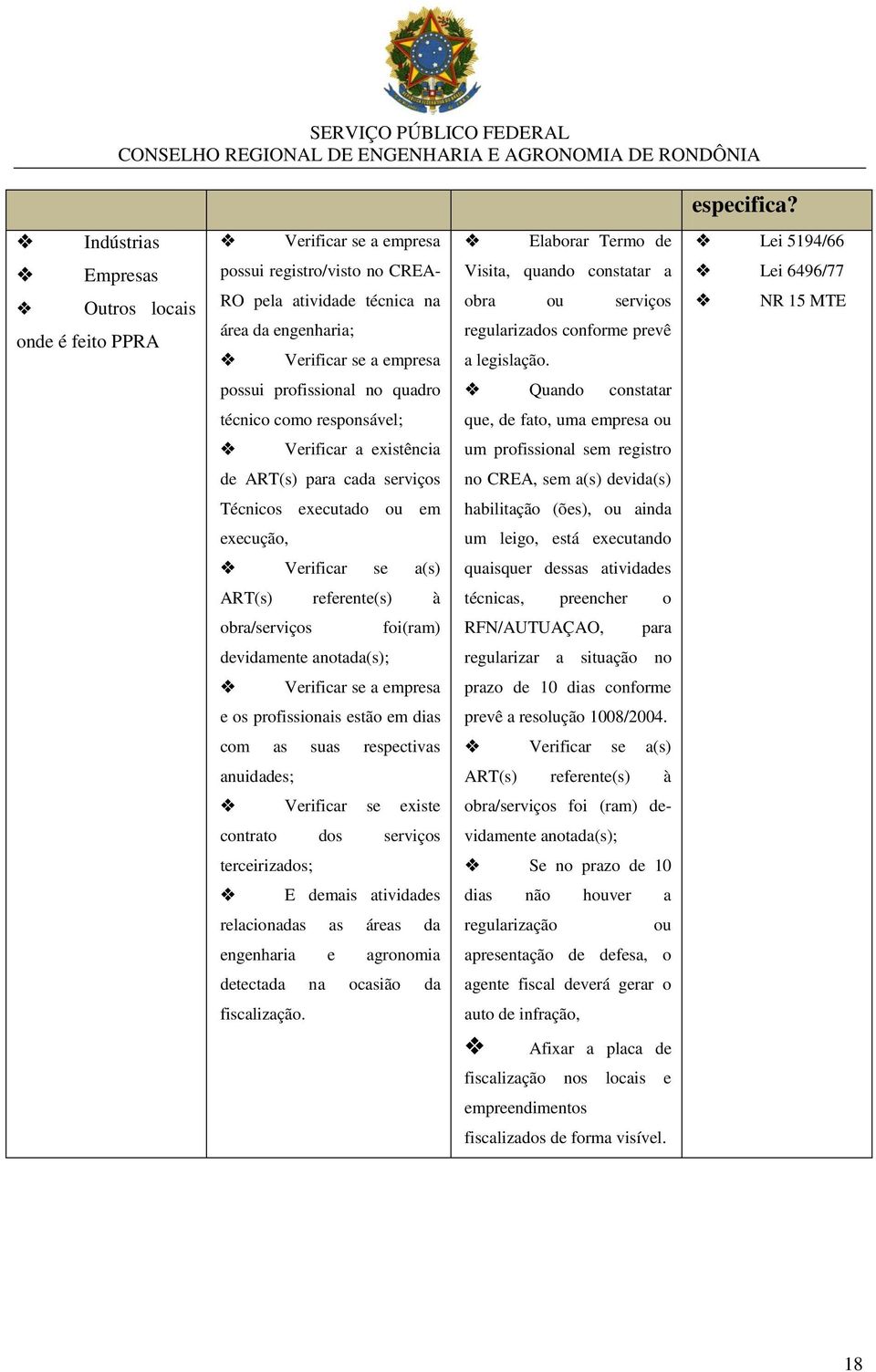 Visita, quando constatar a obra ou serviços regularizados conforme prevê a legislação.