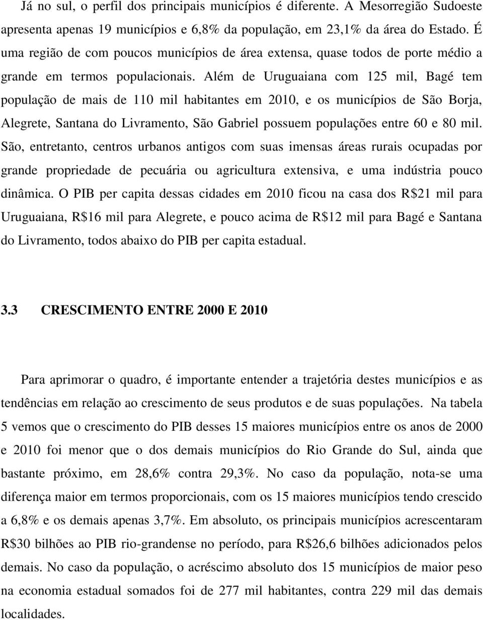 Além de Uruguaiana com 125 mil, Bagé tem população de mais de 110 mil habitantes em 2010, e os municípios de São Borja, Alegrete, Santana do Livramento, São Gabriel possuem populações entre 60 e 80